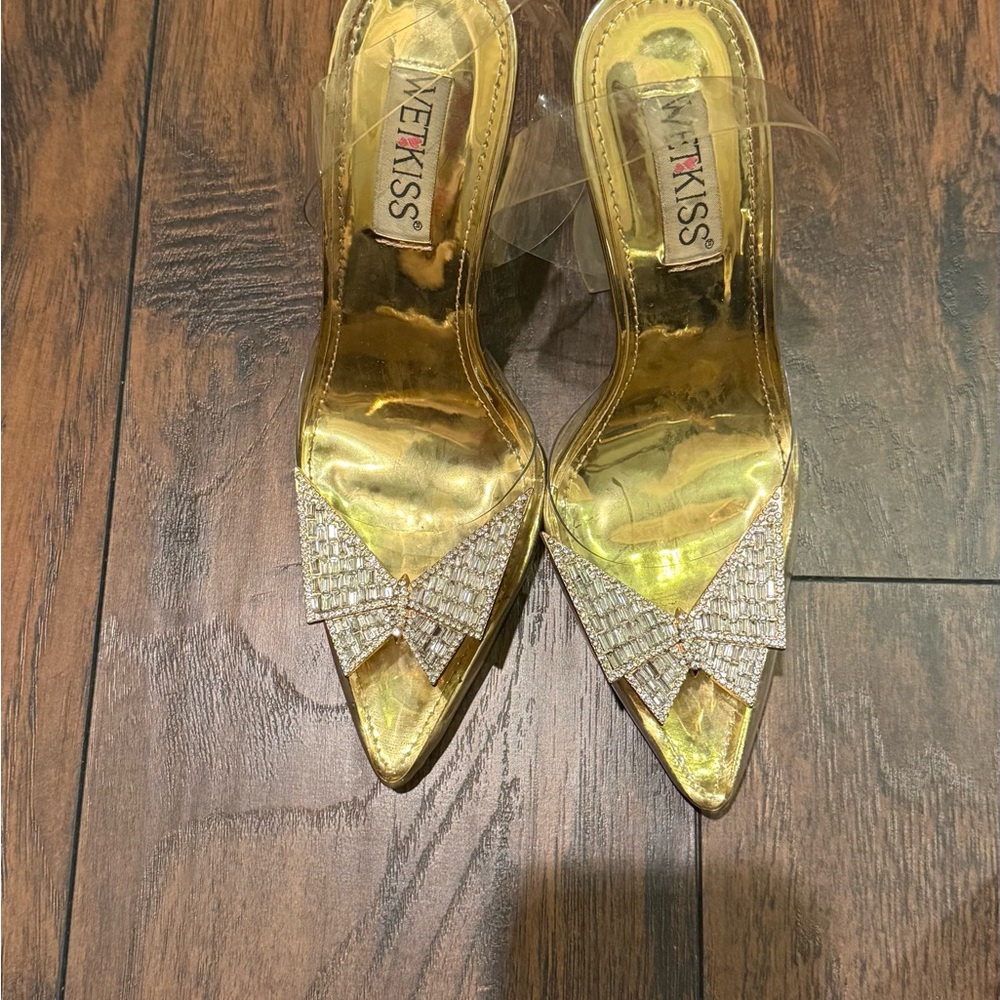 Gold Stiletto Slingback Heels with Embroidery